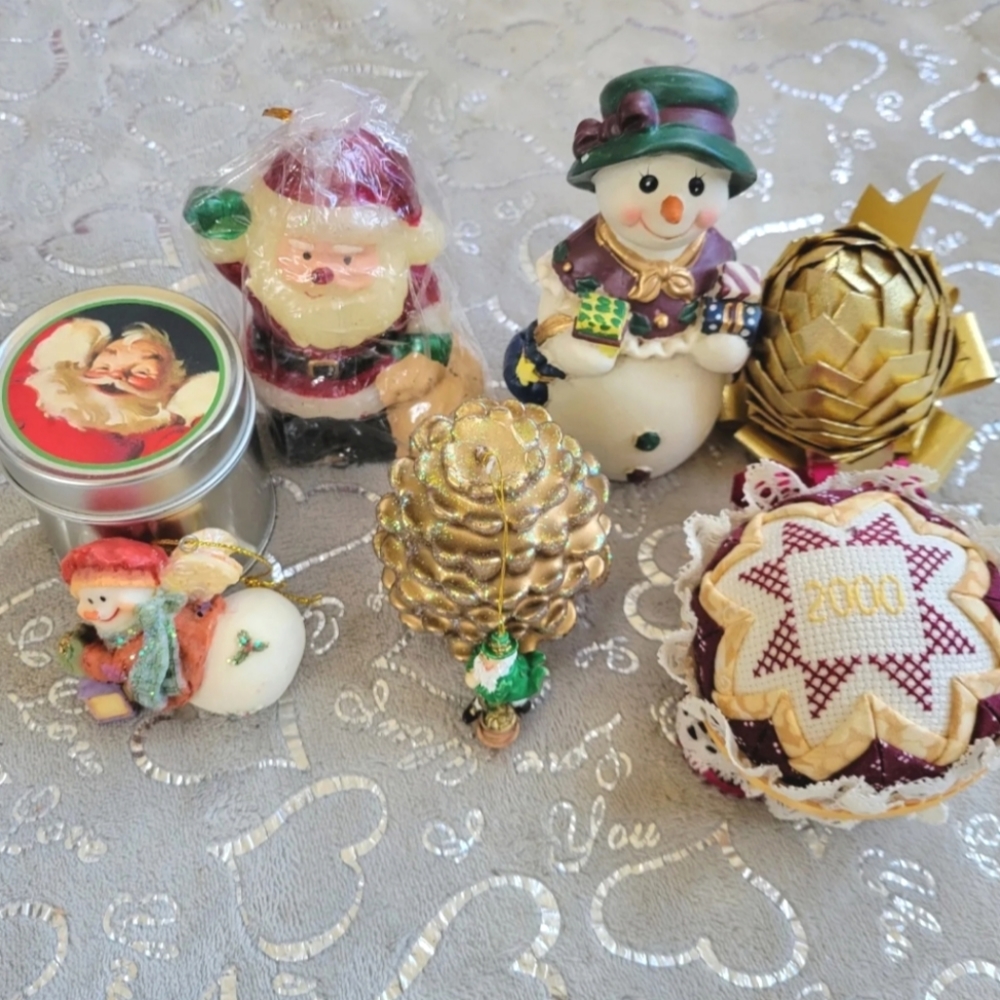 Vintage 90s Christmas Ornaments Candles Tree 2000 EHS Ball Lot 8 Santa Snowwoman